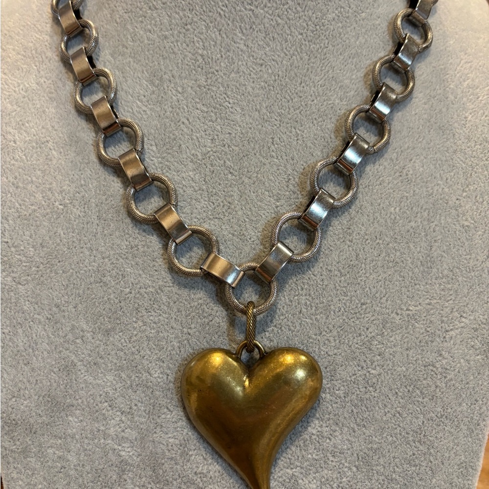 Handmade large Gold tone and silver tone Heart Pendant Necklace